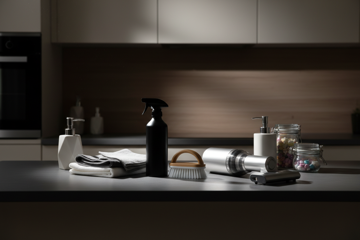 generate an image displaying a variety of cleaning gadgets displayed on a kitchen counter and the kitchen should have a minimalist design with dimmed lighting and more focoused lighting on the products
